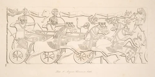 パブ、ニネベのモニュメントからの戦闘中のアッシリアの戦士たち。 1849