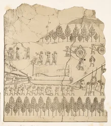 翼のある雄牛を橇 (Kouyunjik) で動かしているアッシリア人、ニネベのモニュメント、パブから。 1849年（彫刻）