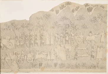 ラチッチ市の捕虜と略奪品、1858年のニネベのモニュメントのイラスト