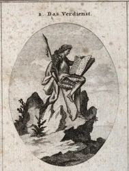 Allegorie du merite」は、険しい岩の上に武器とそれを象徴する書物を持った彼の作品と研究の成果を表しています。彫刻は「Iconologie oder Ideen aus dem Gebiete der Leidenschaften und Allegorien bildich dargestellt fur Zeichne」に掲載されています。