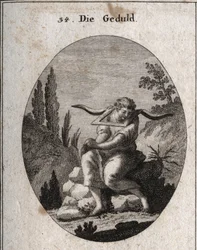 小石の上に座り、いばらの中に足を置き、手をつなぎ、肩にくびきをかけている忍耐の寓意。Iconologie oder Ideen aus dem Gebiet der Leidenschaften and Allegorien bildich dargestellt for Zeichner, Mahler, Dichter, Gelehrte, Erzieher u "に掲載されているエングレーヴィング。
