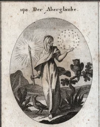 迷信のアレゴリー。彼女はキャンドルライトを持ち、彼女が不安だと考える7つの惑星の星座を囲む星の輪を持っている。その属性は、フクロウとカラスです。イコノロジー・オダー・オーズ・ディム・デム・レイ」のエングレーヴィング
