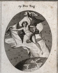 昼は素早く飛び、夜と星は明るい大きなベールで隠すという寓意。Iconologie oder Ideen aus dem Gebiet der Leidenschaften and Allegorien bildich dargestellt for Zeichner, Mahler, Dichter, Gelehrte, Erzieher u "に掲載されているエングレーヴィング。