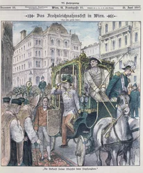 1897年にコーパスクリスティ（フロンライヒナム）の饗宴を祝うためにウィーンの聖シュテファン大聖堂に到着したオーストリアのフランツヨーゼフ皇帝。