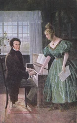 ピアノを弾くフランツ・ピーター・シューベルト（1797-1828）、はがきc.1910