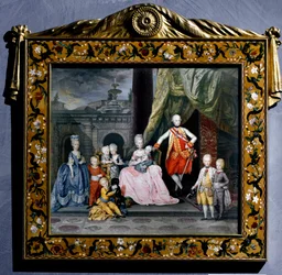 ハプスブルク・ロレーヌ家のピエール・レオポルド（Pierre Leopold of Habsburg-Lorraine）（1747-1792）（当時は神聖帝国またはオーストリアのレオポルド2世）が家族（妻のマリー・ルイーズと8人の子供たち）と囲む肖像画 ミニチュア絵画。1776年 ウィーンのホーフバー