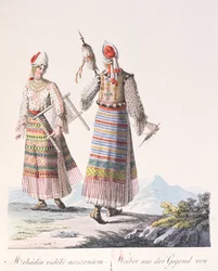 メハディア地方の伝統的な衣装を着た女性たち、JH de Bikkesy著「Courments de Hongrie」の本のイラスト、1810年（カラー彫刻）