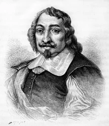 サミュエル・ド・シャンプラン（Samuel de Champlain）、フランスの探検家、植民者（v.1567-1635）。カナダの植民者。モンコルネの真剣な肖像画の後、1830年に描かれた版画。