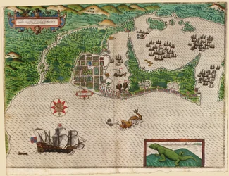 カルタヘナ、ドレイクスウエストインディアンヴォヤージュ1585-86、パブ。 1589（手描きの彫刻）