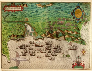 ドレークの西インド航海（1585-86年）からのサンティアゴ。1589年（手彩色彫刻