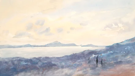 青いウォッシュのある風景（水彩画とグラファイト、織り紙）