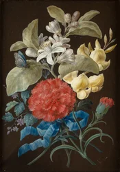 蝶のある静物画 4 点セット (パネルに敷かれた紙にガッシュ)