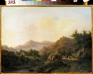 道のある風景。 Barend Cornelis Koekkoek (1803-1862) による絵画。 キャンバスに油彩。 オランダの芸術。 M.クロシツキー美術館、セヴァストポリ（セヴァストポリ）、ウクライナ
