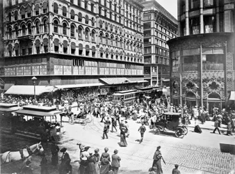 米国イリノイ州シカゴ、State and Madison Streets, c.1905 (bw photo)