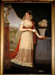 Josephine de Beauharnais (1763-1814) 彼女はマルメゾンにある息子のEugene Rose de Beauharnais dit le Prince Eugene (1781-1824)を描いた胸像を見ている - Antoine Jean Gros (1771-1835)による絵画。