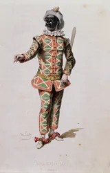 画家の「Masques et Bouffons」のハーレクイン、A。マンソーの彫刻、1860年