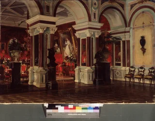 応接室。 建築と装飾（家具、絵画）の説明。 Ernest Karlovich Liphart（1847-1932）による絵画、キャンバスに油彩