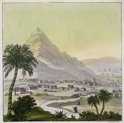 Paolo Fumagalliによって刻まれた、ジュールスフェラーリオ作の「ルコスチュームアンシェンエモデルヌ」、ボリューム13、プレート13からのペルーリマの町の眺め、c.1820s-30sを出版