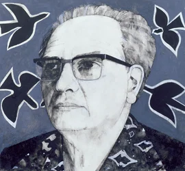 Olivier Messiaenの肖像画、サンデータイム、1970年代のイラスト（ガッシュ、船上）