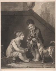 犬と一緒にいる 2 人の子供 Oh, les jolis petits chiens