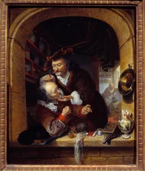 医学の話。"医者は患者の頭痛を治すために小さな出血をさせる" Bartholomeus Maton (1643-1684) の絵画 17世紀 Sun.0.27x0.21 m パリ、プチ・パレ美術館（Musee du Petite Palais