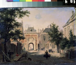 ""オランダの町の眺め"" 通りの風景、市場から戻ってきた主婦、荷を積んだカゴ。 Bartholomeus Johannes van Hove (1790-1880) による絵画 19 世紀 Mikhail Kroshitsky Art Museum、Sevastopol (Sevastopol) ウクライナ