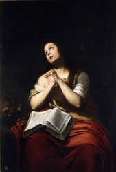 ""Marie Madeleine repentante"" (The Repentant Mary Magdalene) Peinture by Bartolome Esteban Murillo (1617-1682) - vers 1650 - Oil on canvas Dim 20x15 cm Real Academia de Bellas Artes de San Fernando, Madrid
