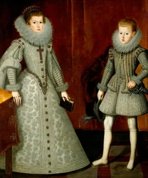 "Anne of Austria and her brother Philip (late Philip IV of Spain)" (インファンテ・フィリップ、後のスペイン王フィリップ4世(1605-1665)と妹のアンネ・オブ・オーストリア(1601-1666)の肖像) 絵画：Bartolome Gonzalez y Serrano (1564-1627)