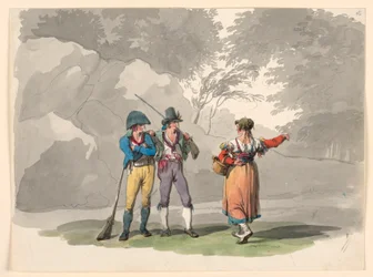 デッサン、銃を持った女と二人の男。ナポリ王国の衣装、1807-08年