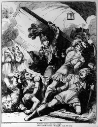 20人の武装した男たちに対して木の板を投げるオルランド、Bartolomeo Pinelli（1781-1835）によるLudovico Ariosto（1474-1533）の『Orlando Furioso』の第13カントの挿絵。