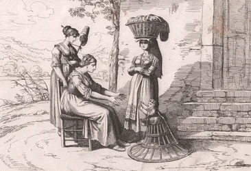 伝統的な衣装を身にまとったローマの女性たち、Bartolomeo Pinelliの銅版画（ローマ