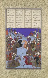 Kai Khusrau と Afrasiyab の夜の戦い、シャーナマからの Folio367v... 1525-30。
