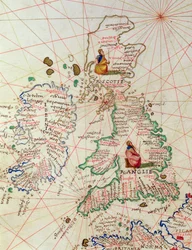 1553年9月1日、ヴェネツィアの33の地図にある世界地図からのイギリスとスコットランドの王国（ベラムのインク）（330949からの詳細）
