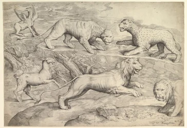 ライオン、トラ、ヒョウ、グリフィン、ヤギを含む 6 匹の動物。 1530-61。