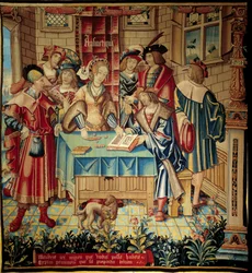 自由七科を描いた垂れ幕：算術。1520年頃にトゥルネで制作された羊毛と絹のタペストリー。寸法3,1 x 2,9メートル。パリ、国立中世美術館、クリュニー浴場