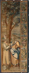 ルカ・カンビアソ（1527-1584）のカルトンに倣い、ブリュッセルの工房で1561-1564年に製作された、ディオニス・マルテンツによるモイーズとジェスロのタペストリー。390x585.5 cm ジェネス、ストラダ・ヌオーヴァ美術館