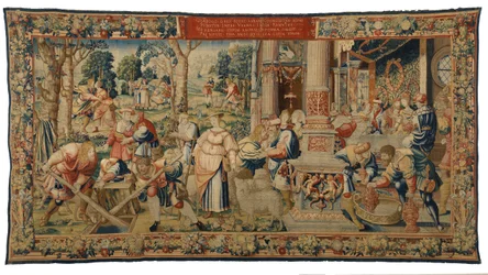 タペストリー『ラバン、ヤコブ、ラケルの物語』創世記XXIX年、ベルギー、ブリュッセル製、1530年頃（ウール＆シルク）