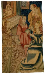 5人の女性を描いたタペストリーの断片、1500年頃、ベルギー、ブリュッセルで制作されたものと思われる（羊毛）