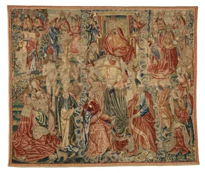 世界の創造」を描いたクレド・タペストリーの一部、ベルギー、ブリュッセル製、1500-10年頃（羊毛）
