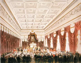 1857年7月21日にブリュッセル城で行われたオーストリア大公マクシミリアン・オブ・ハプスブルク＝ロレーヌ（1832-67）とベルギー王女シャルロット・サックス＝コバーグ＝ゴータ（1840-1927）の結婚（カラーリトグラフ）。