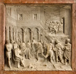 クリプト、聖人マルチェリヌスとペテロの箱舟 エクソシスト、ベネデット・ブリオスコ 1506-08年、裁判官の前のサンティ・メルチェリヌスとペテロ