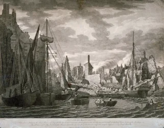 1794 年 7 月 23 日の火災後の廃墟を示す、ロンドンのラトクリフ地区の眺め