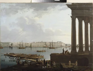 冬宮殿とサンクトペテルブルクの証券取引所の眺め。 ベンジャミン パテルセン (1748-1815) の絵画、キャンバスに油彩