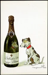 シャンパーニュ用の段ボール「「デルベックとランス」」、ベンジャミン・ラビエ（1864-1939）によるイラスト、SD。 20世紀初頭。