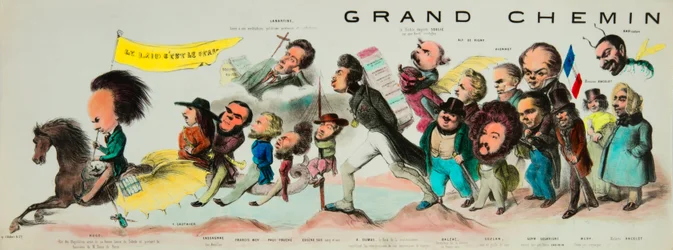 ポスタリテの大乗。(ロマンティックなペガスにモンテ、ユゴラの王、ヴィクトル・ユーゴー(1802-1885)、トレドの彼の良い刃の武器、パリのノートルダムの旗を持って、テオフィル・ゴーティエ(1811-1872)、ベルナール・アドルフ・グラニエを連れて行った。