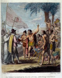 キューバ島のインディアン・カシケが、クリストファー・コロンブス（1451-1506）やヨーロッパの軍人・教会関係者を歓迎し、新しい国家の建設について話し合っている。英国植民地の民衆と商業の歴史」の表紙