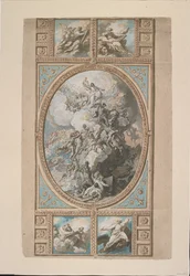 ロイヤルチャペル、ウィンザー城（recto）、c.1779（黒チョーク、ペン＆ブラウンインク＆水彩）の天井装飾のデザイン、ホワイト、グレー、ブルーのボディカラーとブラウンウォッシュのタッチで強調
