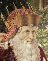 ベノッツォ・ゴッツォーリ（1420-1497）作、フレスコ画「マギの行列」。詳細フィレンツェ、パラッツォ・メディチ・リッカルディの礼拝堂。