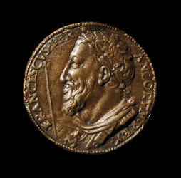 ベンヴェヌート・チェッリーニ（1500-1571）が製作したフランソワ1世（1494-1547）の肖像入りブロンズメダル 1538年 直径38cm フィレンツェ、バルジェッロ美術館蔵