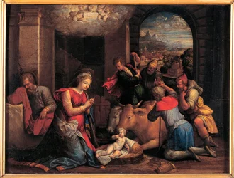 羊飼いの崇拝 - Benvenuto Tisi da Garofalo (Il Garolafo) (1481-1559) による絵画、木に油彩、41.5x55 cm